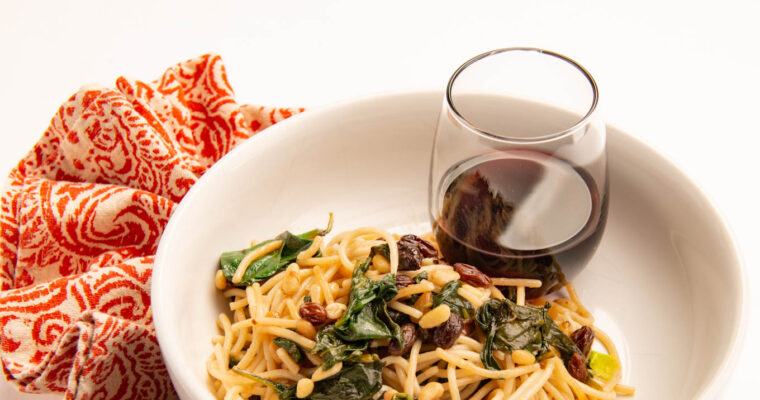 Spaghetti with Spinach, Pine Nuts, and Raisins