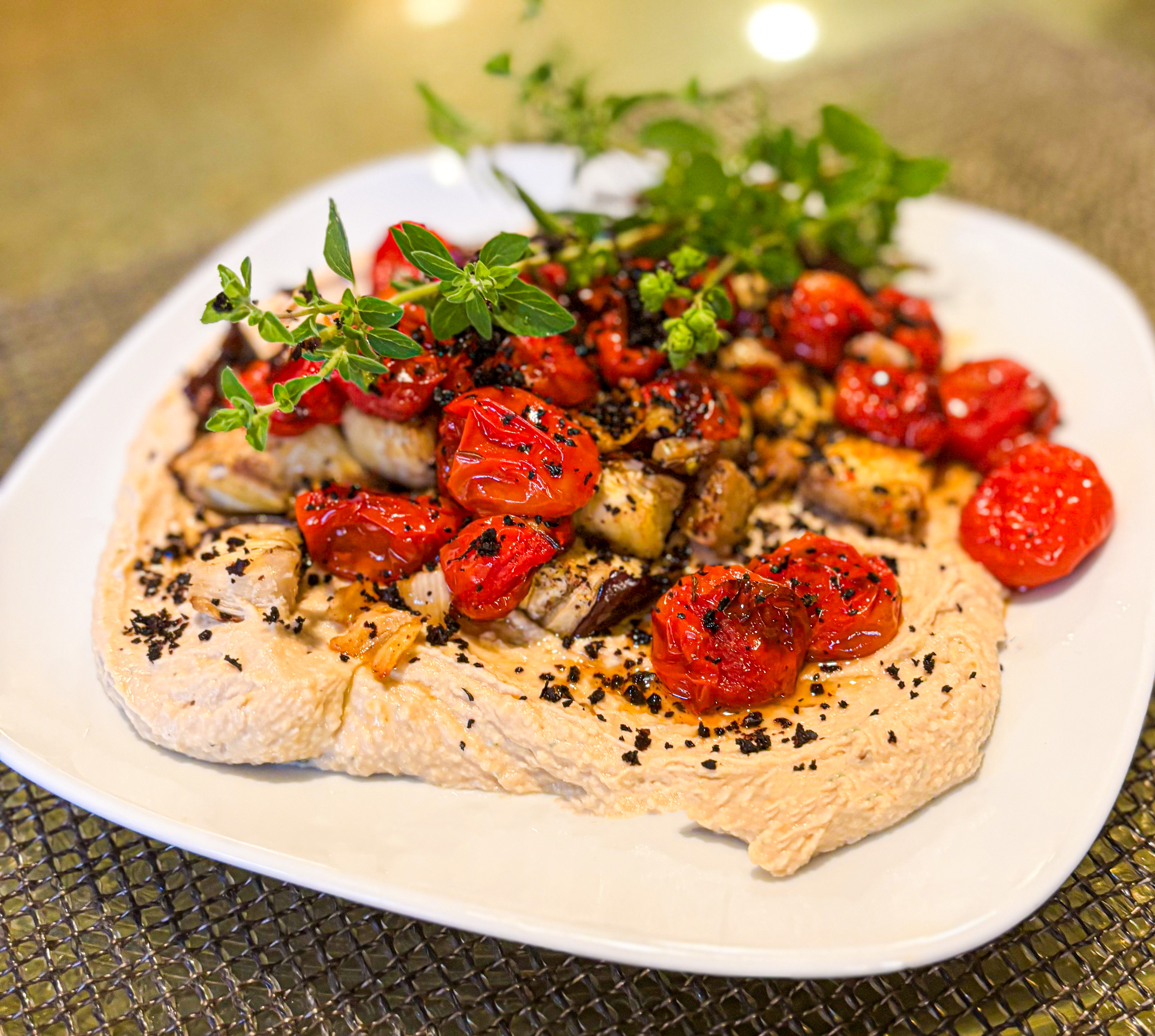 Roasted Tomatoes, Eggplant and Hummus